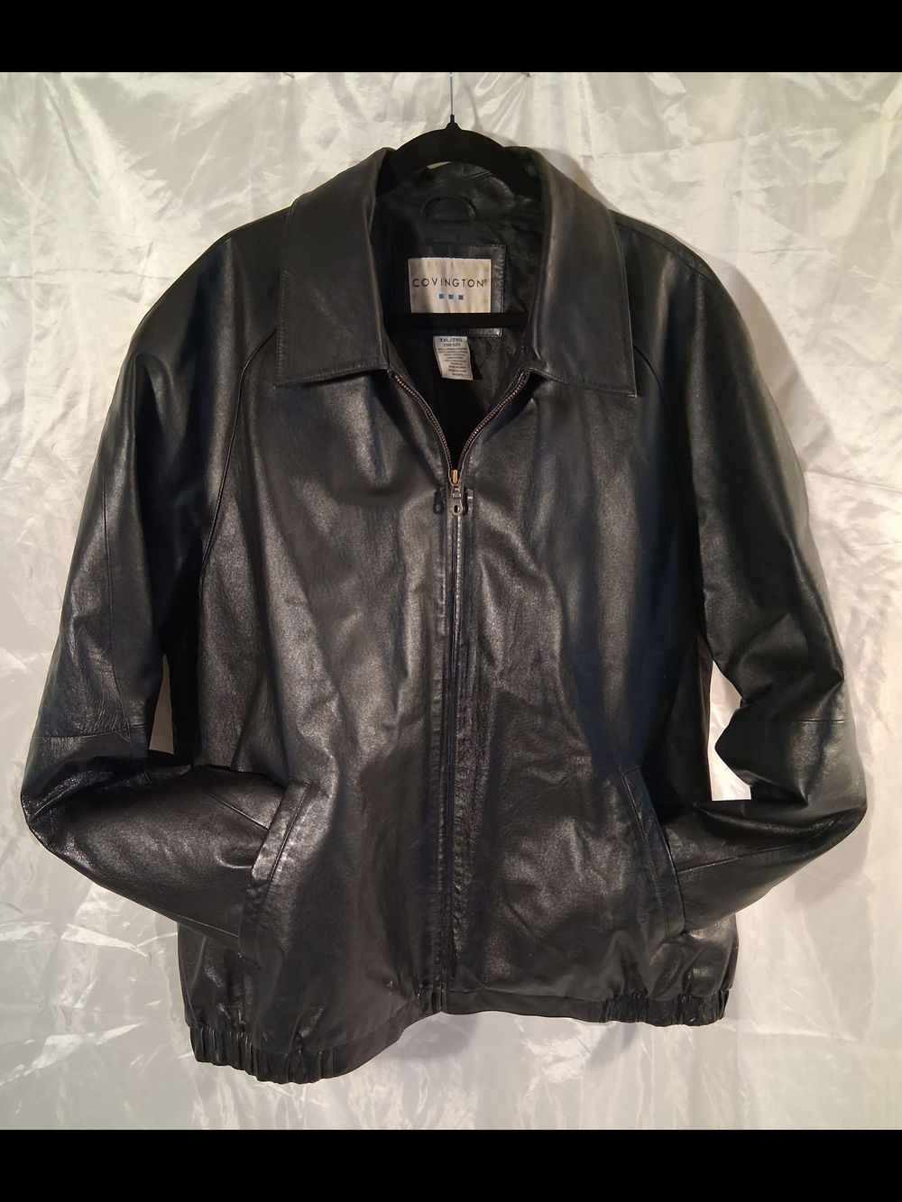 Covington Black Leather Bomber Jacket with Zip Front